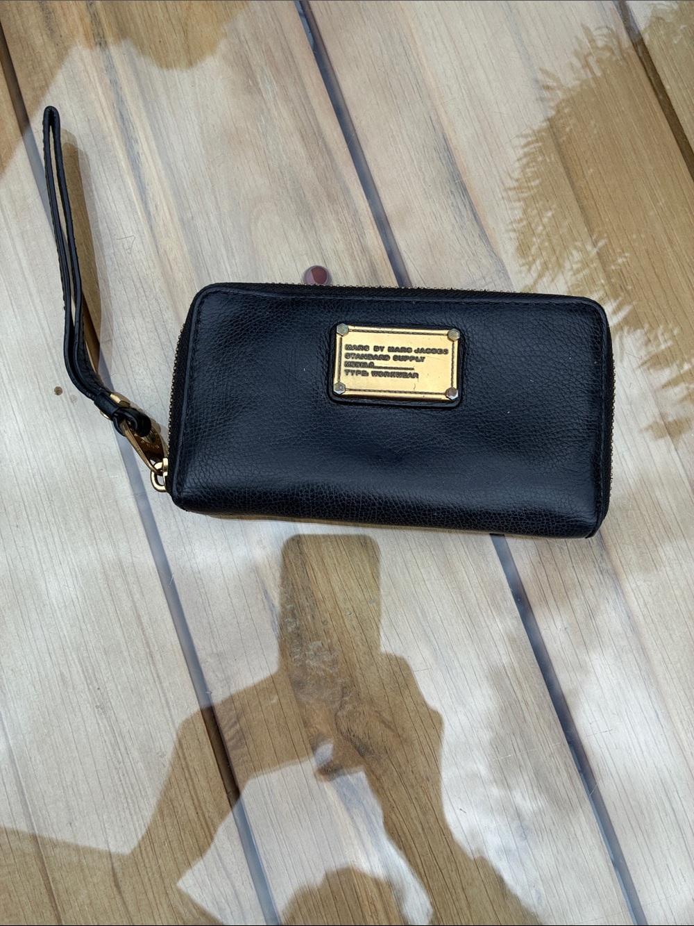 Marc by Marc Jacobs Black Leather Wristlet with Gold Plaque